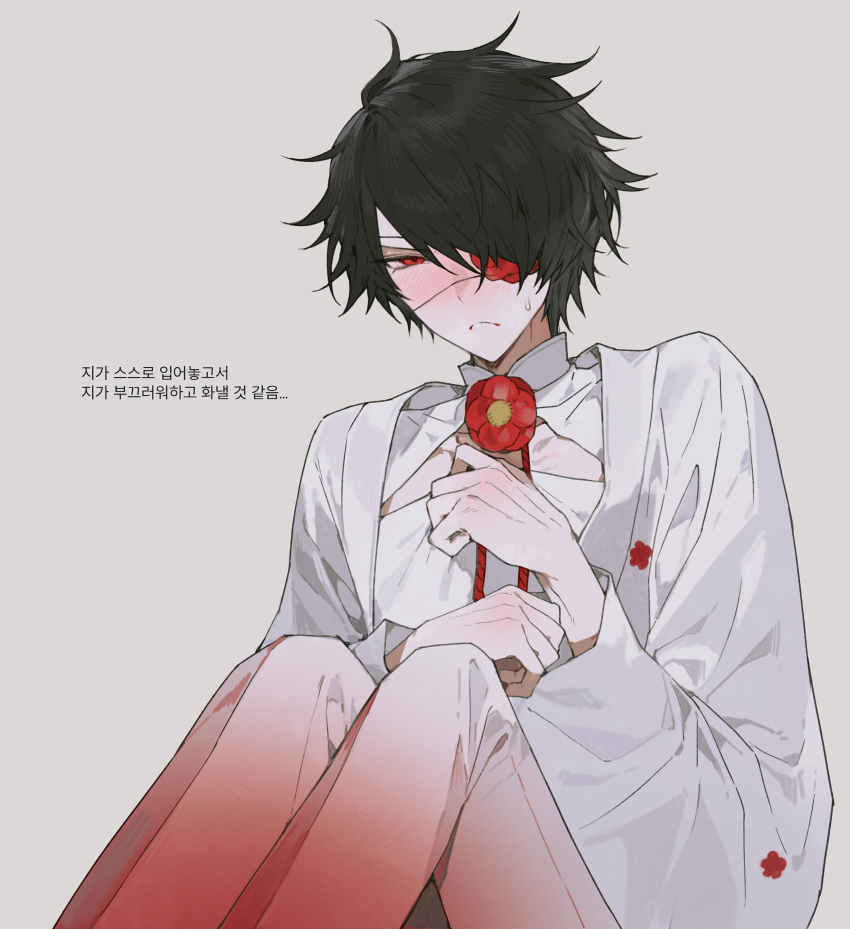 1boy, 3o03, absurdres, black_hair, blush, closed_mouth, eyepatch, flower