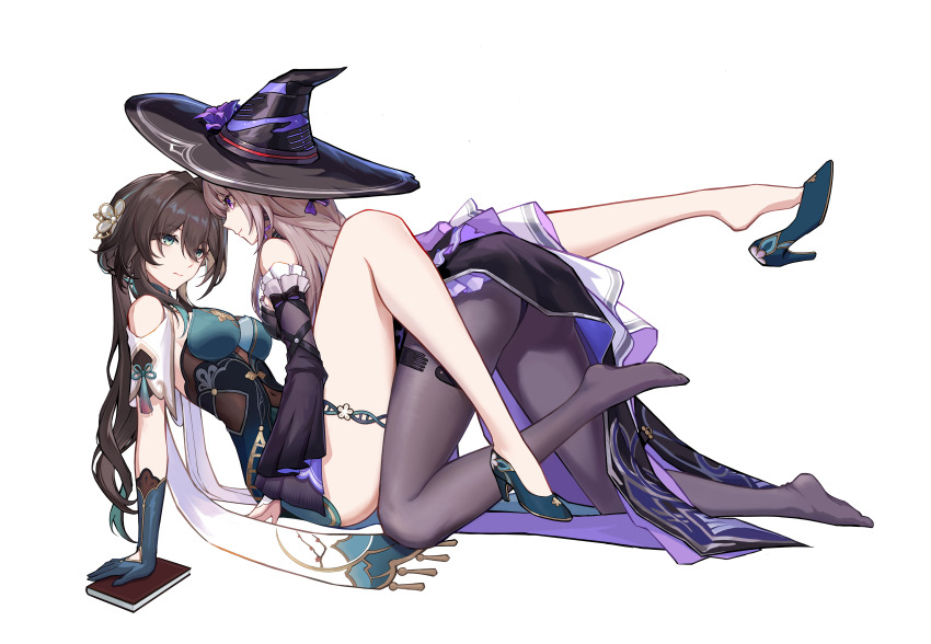 2girls, absurdres, all_fours, ass, bare_shoulders, between_legs, black_dress, black_pantyhose