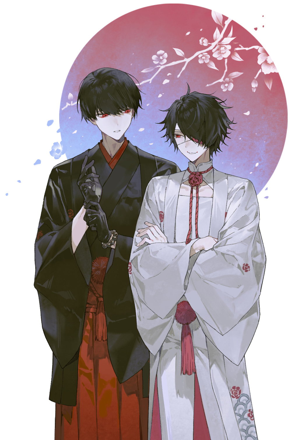 2boys, 3o03, adjusting_clothes, alternate_costume, black_gloves, black_hair, black_kimono, cowboy_shot
