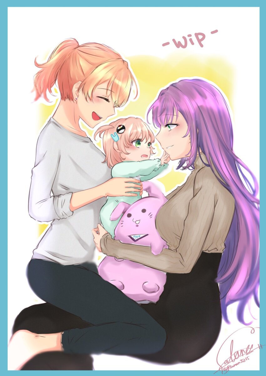 3girls, black_pants, blue_border, border, breasts, brown_sweater, commentary_request, family, green_eyes, grey_shirt, high-waist_pants, highres, hinoshita_kaho, if_they_mated, large_breasts, link!_like!_love_live!, long_hair, long_sleeves, love_live!, multiple_girls, otomune_kozue, pants, ponytail, purple_hair, ranmaro, science_babies, shirt, short_hair, short_ponytail, sidelocks, sitting, stuffed_animal, stuffed_rabbit, stuffed_toy, sweater, turtleneck, turtleneck_sweater, unfinished, virtual_youtuber, yellow_background, yuri