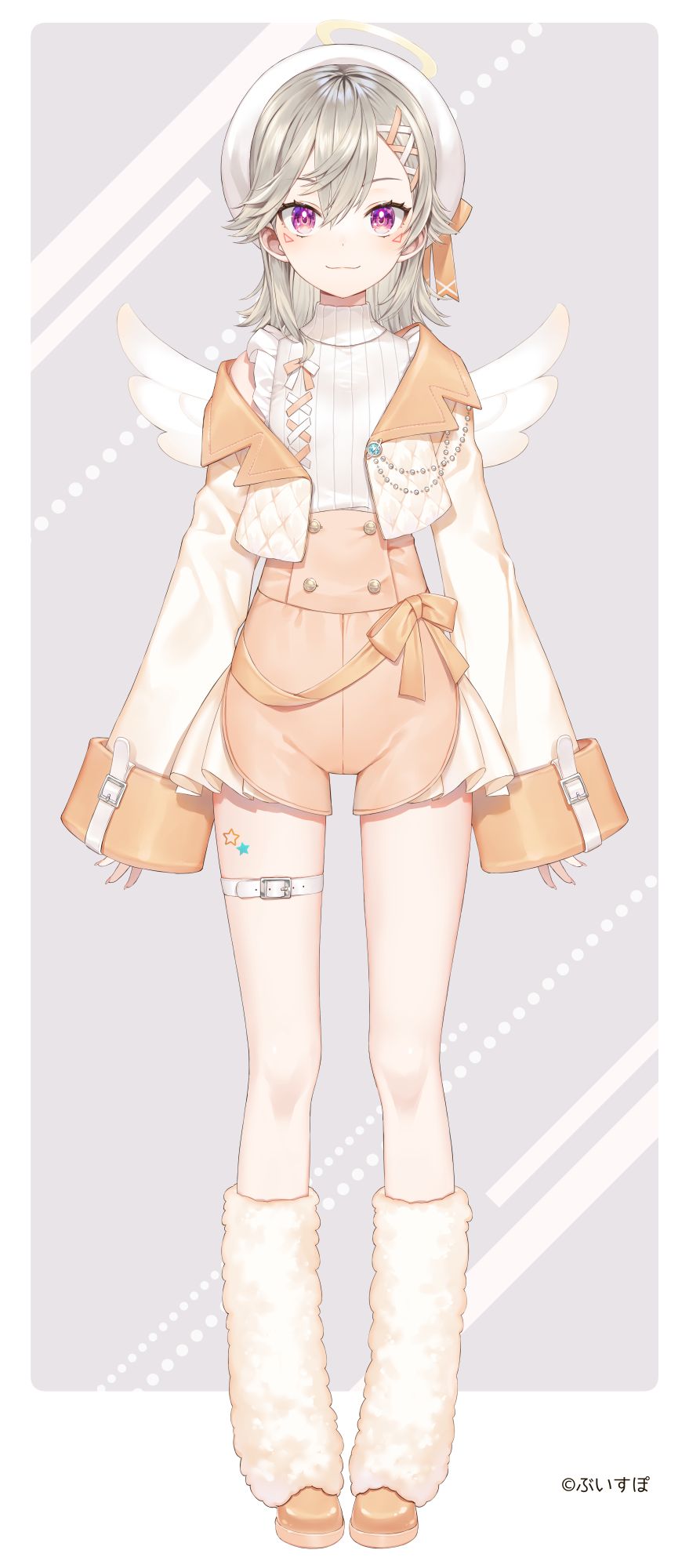 1girl, :3, angel_wings, belt, beret, brown_jacket, brown_shoes, brown_shorts, commentary_request, copyright_notice, cropped_jacket, facial_mark, full_body, fur_leg_warmers, grey_hair, halo, hat, high-waist_shorts, highres, jacket, komori_met, komori_met_(7th_costume), leg_warmers, long_hair, looking_at_viewer, mini_wings, official_alternate_costume, official_art, purple_eyes, quilted_jacket, ribbed_sweater, shoes, short_shorts, shorts, single_off_shoulder, sleeve_cuffs, solo, sweater, thigh_belt, thigh_strap, triangle, triangle_facial_mark, turtleneck, turtleneck_sweater, virtual_youtuber, vspo!, white_hat, white_jacket, white_sweater, white_wings, wings, yoshida_on, yuuki_hagure