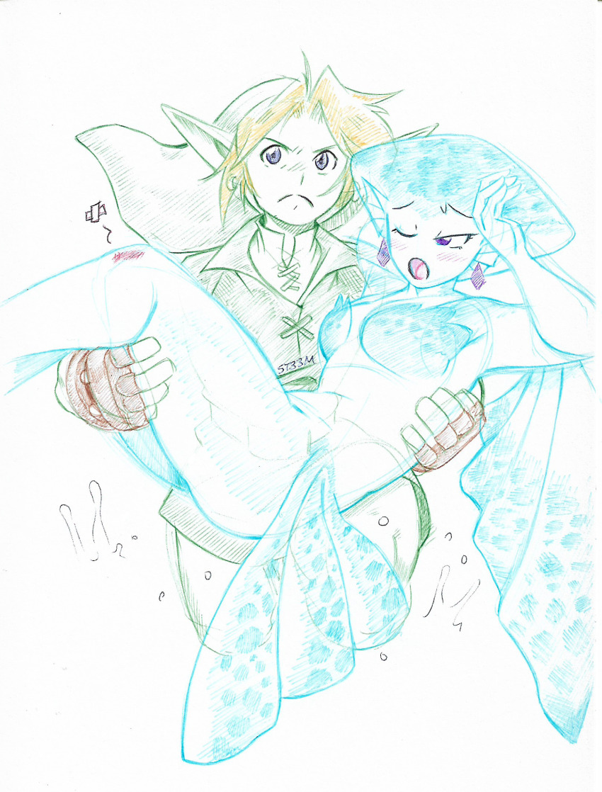 1boy, 1girl, artist_name, blonde_hair, blue_skirt, carrying, commentary, earrings