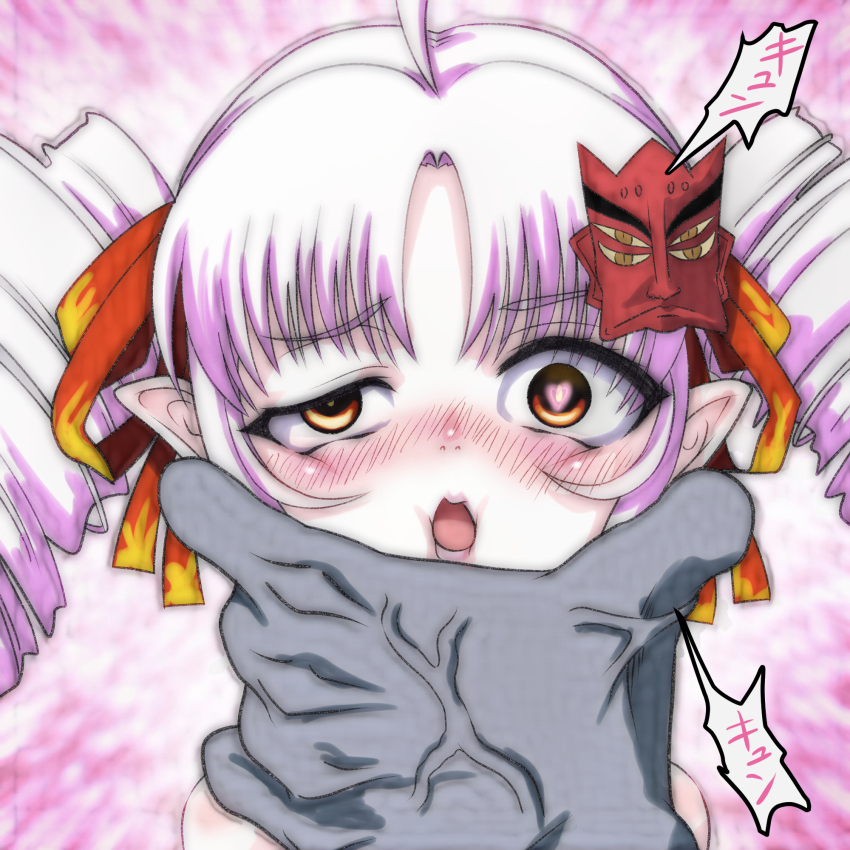 1boy, 1girl, ahoge, blush, colored_skin, drill_hair, grey_skin, hair_ribbon