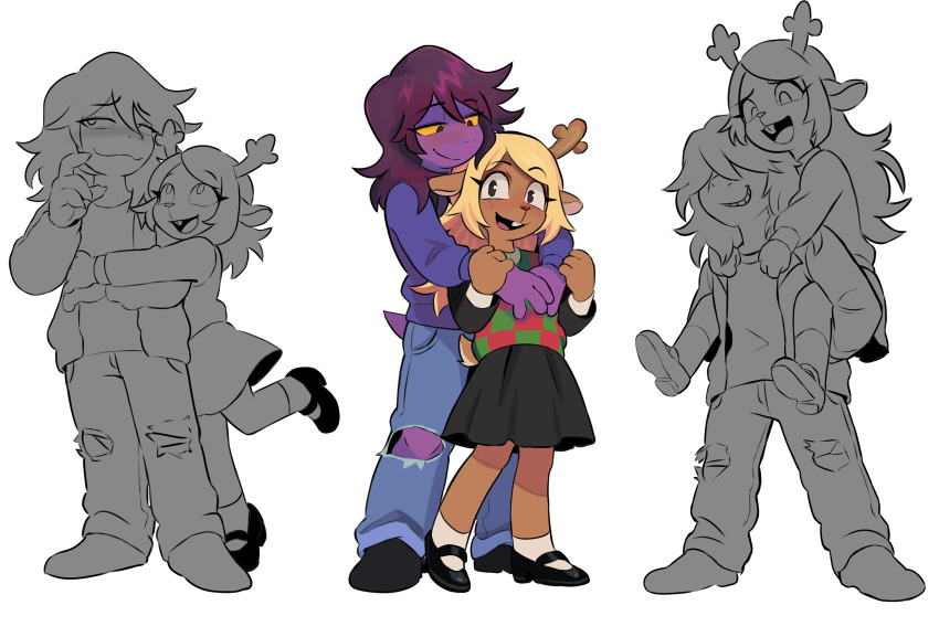 2girls, :d, black_eyes, black_shoes, blonde_hair, blush, brown_hair, butch/femme_couple, carrying, colored_sclera, colored_skin, couple, dark_skin, deltarune, denim, fawken, female_focus, furry, furry_female, highres, hug, jeans, long_sleeves, mary_janes, multiple_girls, multiple_views, noelle_holiday, open_mouth, pants, piggyback, plaid_clothes, plaid_vest, purple_shirt, purple_skin, shirt, shoes, simple_background, skirt, smile, standing, standing_on_one_leg, susie_(deltarune), torn_clothes, torn_jeans, torn_pants, utdr_(toby_fox), vest, white_background, yellow_sclera, yuri