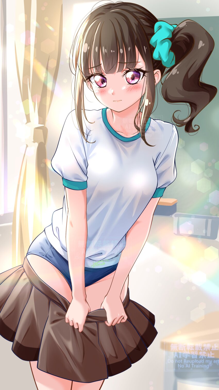 1girl, absurdres, aqua_scrunchie, blue_buruma, blush, bow, breasts, brown_hair