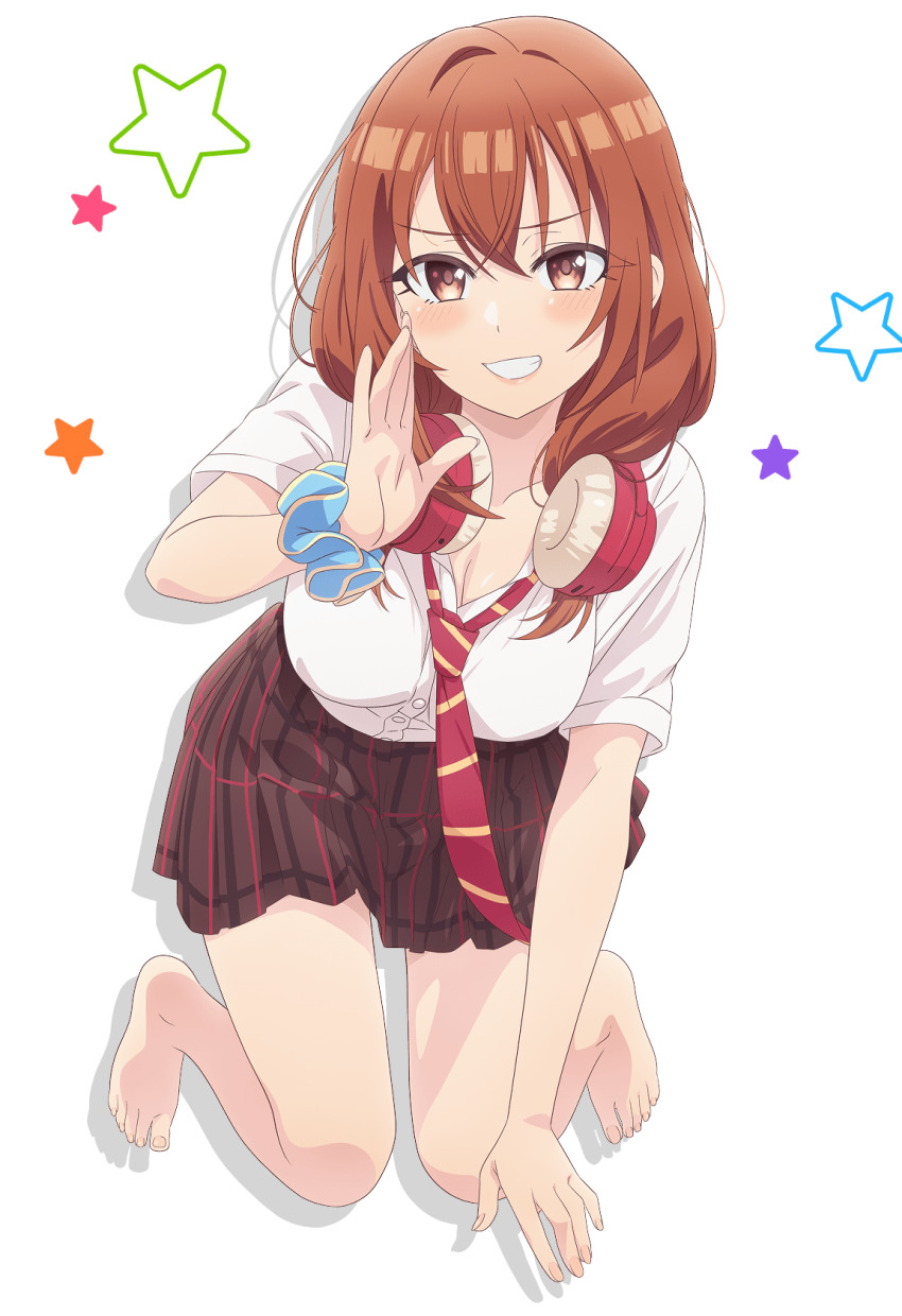1girl, anime_coloring, barefoot, blue_scrunchie, blush, breasts, brown_eyes, brown_hair
