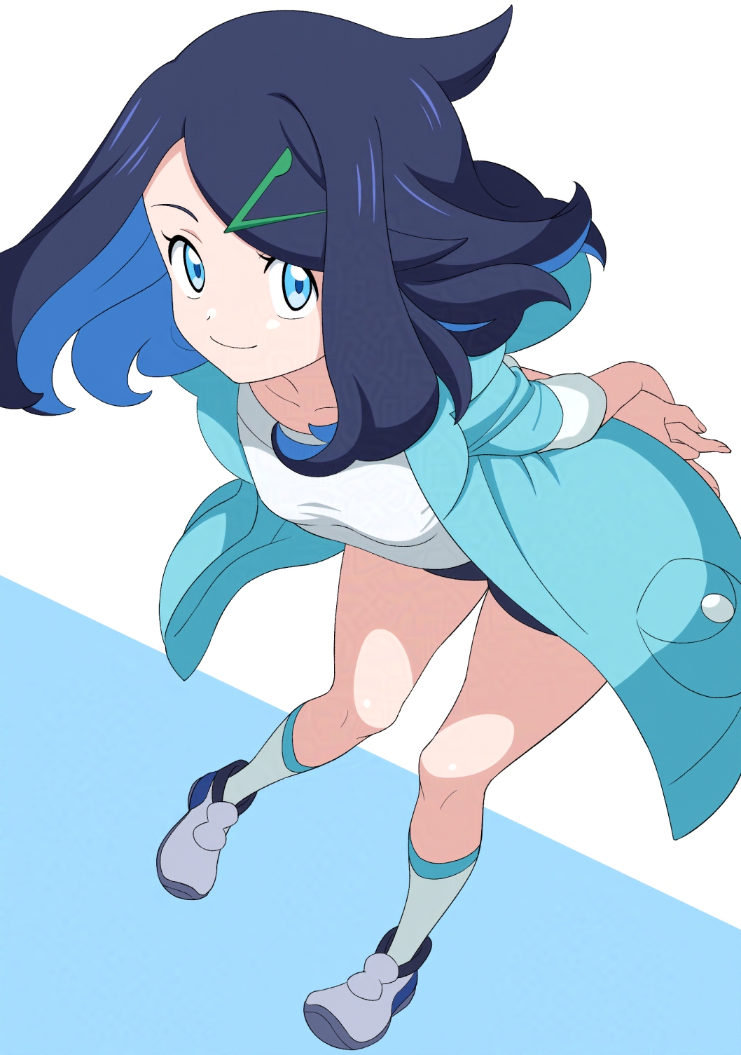 1girl, black_hair, blue_background, blue_eyes, blue_jacket, blush, breasts, dokushibuki