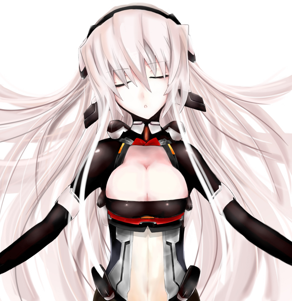 1girl, breasts, cleavage, closed_eyes, female_focus, horizon_ariadust, kosumone, kyoukaisenjou_no_horizon, long_hair, silver_hair, simple_background, solo, white_background