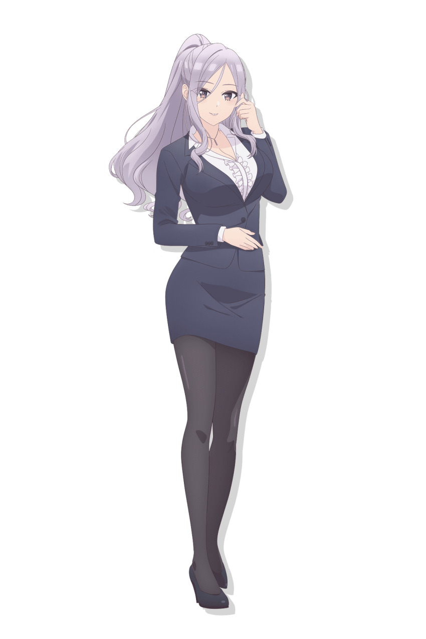 1girl, anime_coloring, black_pantyhose, black_shoes, blush, breasts, cleavage, collared_shirt