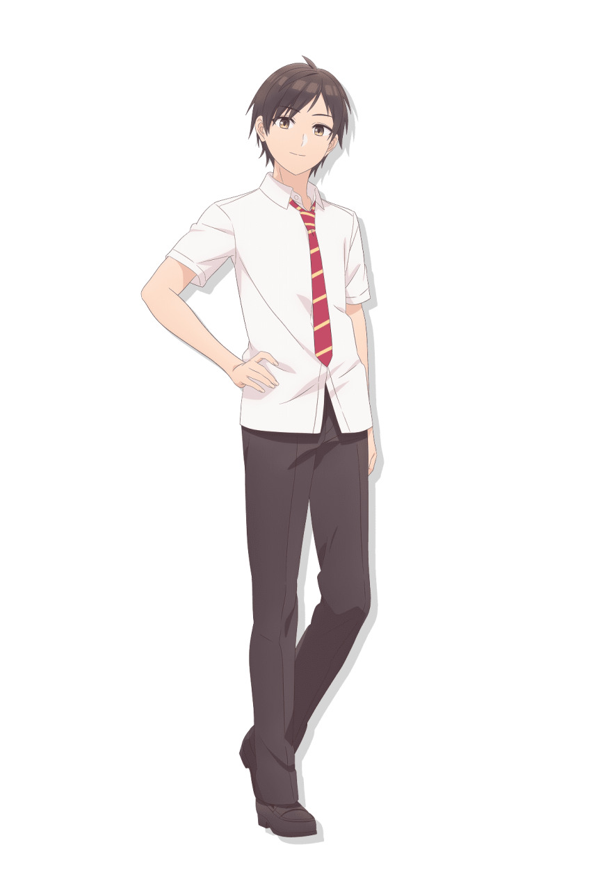 1boy, ahoge, anime_coloring, black_hair, brown_eyes, brown_pants, brown_shoes, closed_mouth
