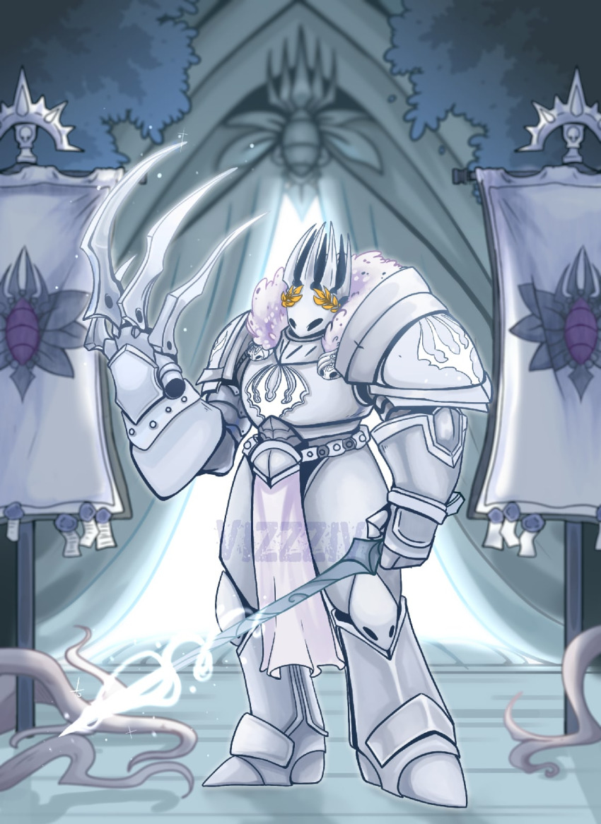 1boy, armor, artist_request, banner, breastplate, claws, cosplay, emperor_of_mankind