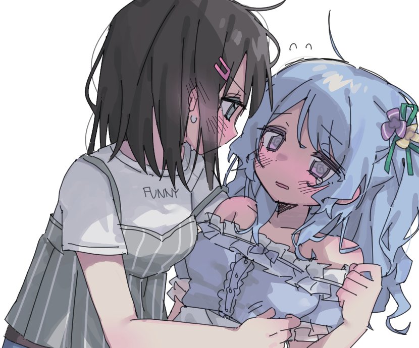 2girls, @_@, bang_dream!, bang_dream!_girls_band_party!, bare_shoulders, black_hair, blue_eyes, blue_hair