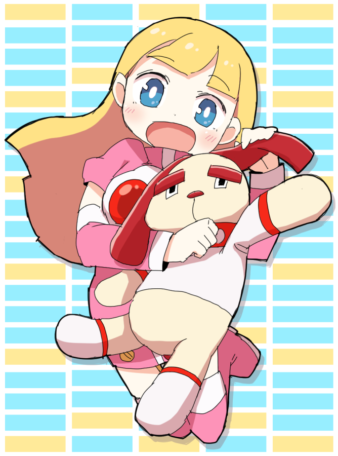 1girl, animal, bemani, black_eyes, blonde_hair, blue_eyes, boots, clothed_animal, cosmo_(gitadora), detached_sleeves, dog, dokan_(dkn), dress, full_body, gitadora, grabbing_another's_ear, hand_on_another's_ear, high_collar, long_hair, open_mouth, pink_boots, pink_dress, pink_sleeves, shirt, smile, socks, thigh_boots, vitamin_(gitadora), white_shirt, white_socks