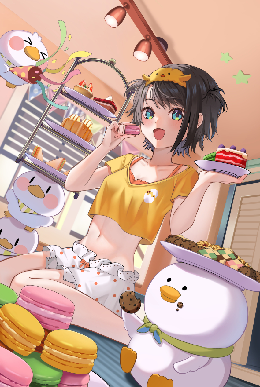 1girl, absurdres, arenoyoni, black_hair, blush, cake, collarbone, food