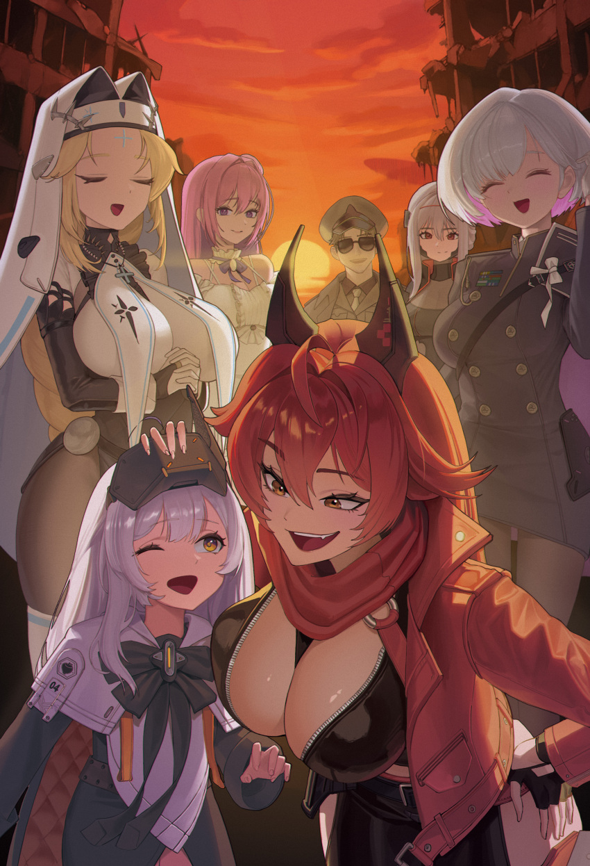 1boy, 6+girls, :d, ;d, absurdres, bare_shoulders, breasts, cleavage