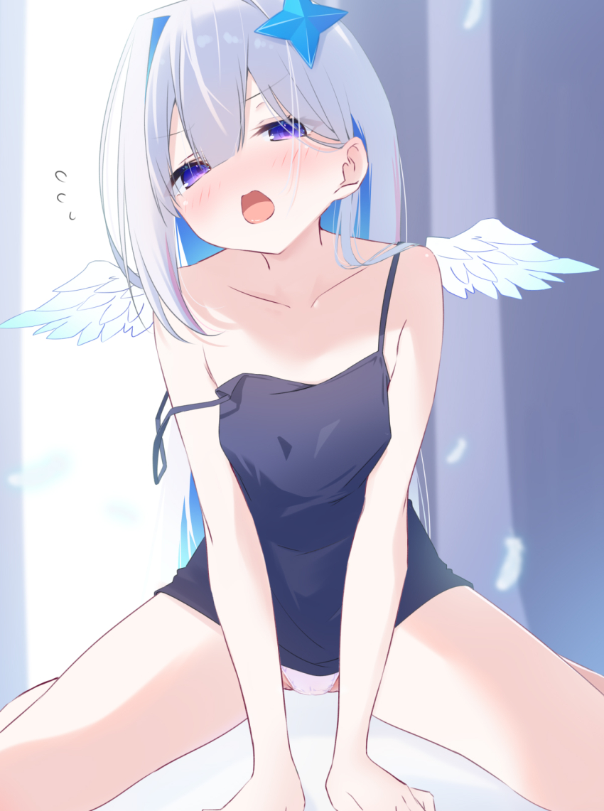 1girl, amane_kanata, angel_wings, blue_hair, blush, capuchi_(111cappuccino), colored_inner_hair, grey_hair