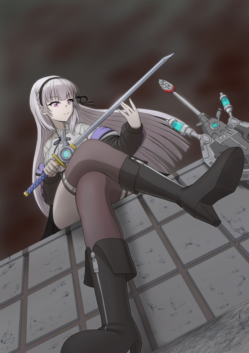 1girl, absurdres, amatsu_marei, assault_lily, black_boots, black_hairband, black_jacket, black_ribbon