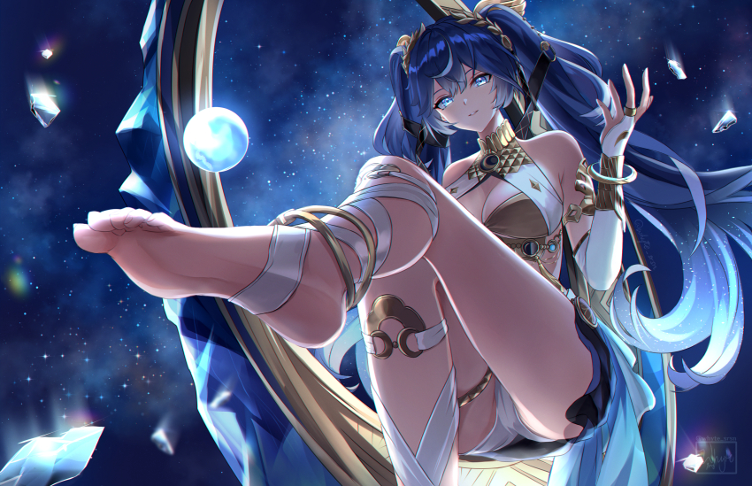 1girl, absurdres, armpit_crease, bare_shoulders, barefoot, black_skirt, blue_eyes, blue_hair, breasts, cleavage, commentary, feet, glowing, glowing_hair, gold_bra, gradient_hair, hair_belt, hand_up, highres, iuno_(wuthering_waves), jewelry, leg_wrap, long_hair, looking_at_viewer, looking_down, medium_breasts, miniskirt, multicolored_hair, nebula, orb, panties, parted_lips, signature, skirt, sky, smile, soles, solo, star_(sky), starry_sky, thighlet, thighs, toes, twintails, underwear, very_long_hair, white_panties, whyte_srsn, wuthering_waves