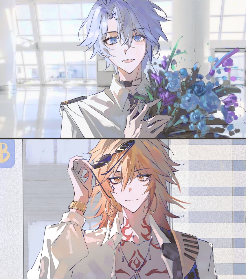 2boys, absurdres, alternate_costume, black_choker, black_necktie, blonde_hair, blue_eyes, braid