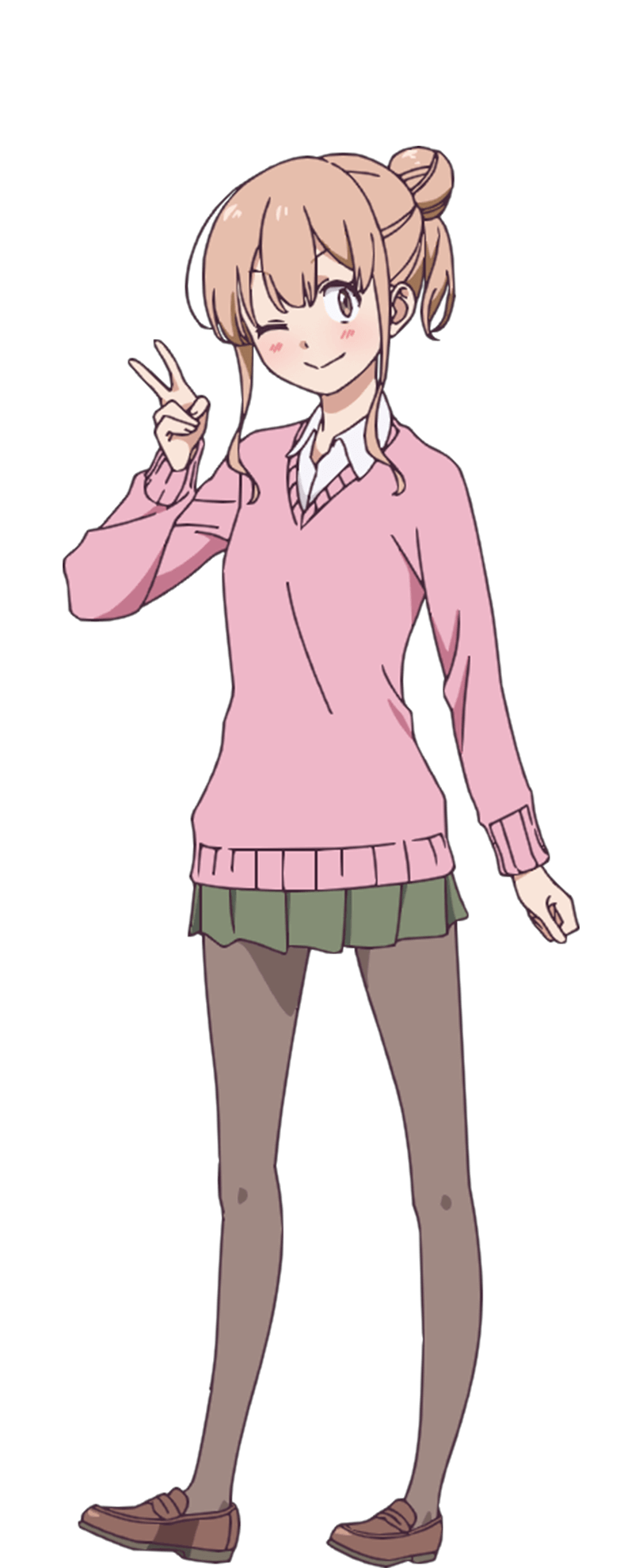 1girl, anime_coloring, blush, breasts, brown_eyes, brown_hair, brown_pantyhose, brown_shoes, cardigan, chanto_suenai_kyuuketsuki-chan, closed_mouth, collared_shirt, full_body, green_skirt, hair_bun, hand_up, henmi_yukari, highres, loafers, long_sidelocks, long_sleeves, looking_at_viewer, official_art, one_eye_closed, pantyhose, pink_cardigan, pleated_skirt, school_uniform, shirt, shoes, sidelocks, simple_background, single_hair_bun, skirt, small_breasts, smile, solo, standing, tachi-e, tani_takuya, transparent_background, v, white_shirt