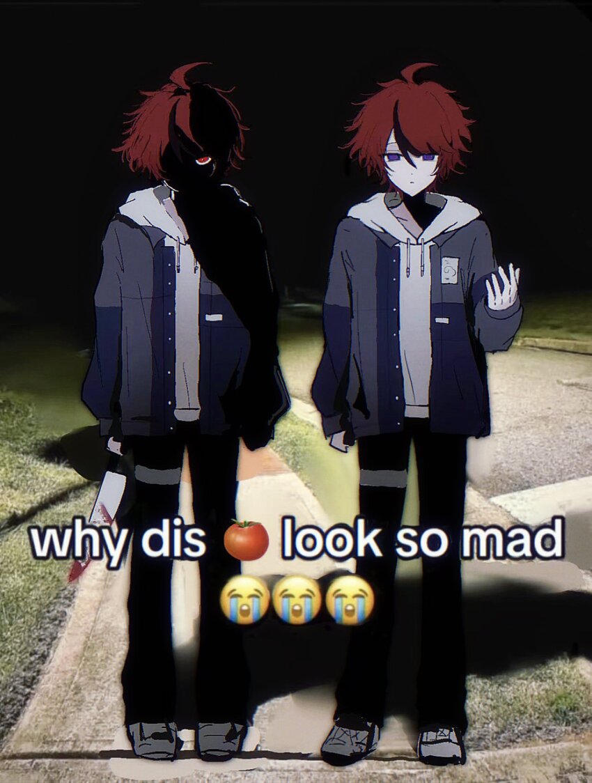 2boys, ahoge, black_hair, black_pants, blood, bloody_weapon, blue_eyes, blue_jacket