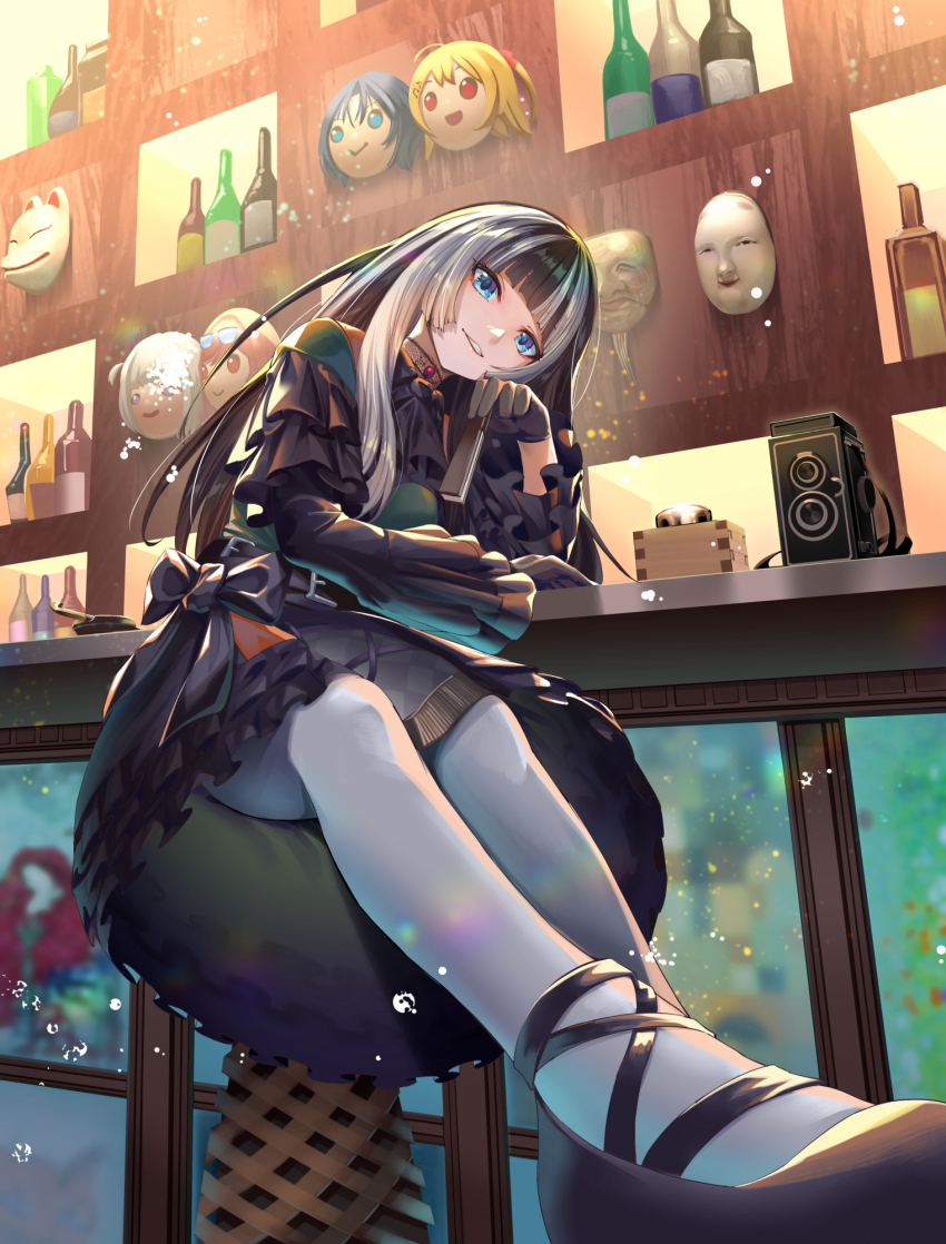 1girl, bar_(place), black_choker, black_dress, black_gloves, black_hair, black_shoes, blue_eyes
