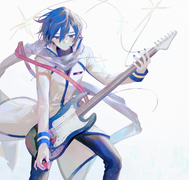 1boy, beret_cj, black_pants, black_shirt, blue_eyes, blue_hair, blue_nails, blue_scarf