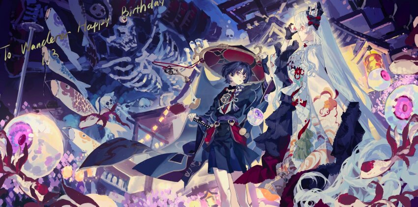 1boy, 1girl, absurdly_long_hair, architecture, arm_at_side, armor, artist_request, black_bodysuit, black_gloves, black_hair, black_hairband, black_headdress, black_kimono, black_shorts, black_sleeves, blunt_ends, bodysuit, collar, commission, commissioner_insert, couple, demon_parade, east_asian_architecture, eyeball, eyeliner, eyeshadow, fish, frilled_collar, frilled_gloves, frills, furisode, genshin_impact, glint, gloves, gold, gold_trim, grey_veil, hairband, hand_up, happy_birthday, hat, hayami_momo_(hayamimomo), helmet, hetero, highres, holding, holding_eyeball, holding_sword, holding_weapon, japanese_armor, japanese_clothes, jewelry, jingasa, juban, kabuto_(helmet), katana, kimono, kote, kurokote, lace-trimmed_sleeves, lace_trim, layered_shorts, layered_sleeves, lolita_hairband, long_hair, looking_at_viewer, makeup, mandarin_collar, mitsudomoe_(shape), mole, mole_under_eye, neck_ring, night, o-ring, oc_x_canon, open_clothes, open_kimono, original, parted_lips, pink_eyes, purple_eyes, purple_rope, purple_sash, purple_sleeves, red_eyeliner, red_eyeshadow, red_hat, red_kimono, red_sash, rope, sash, scaramouche_(genshin_impact), second-party_source, sheath, sheathed, shimenawa, shorts, shoulder_armor, skeleton, sleeves_past_fingers, sleeves_past_wrists, sode, standing, sword, tassel, tomoe_(symbol), traditional_youkai, veil, very_long_hair, weapon, white_hair, white_kimono, white_rope, wide_sleeves, wispy_bangs