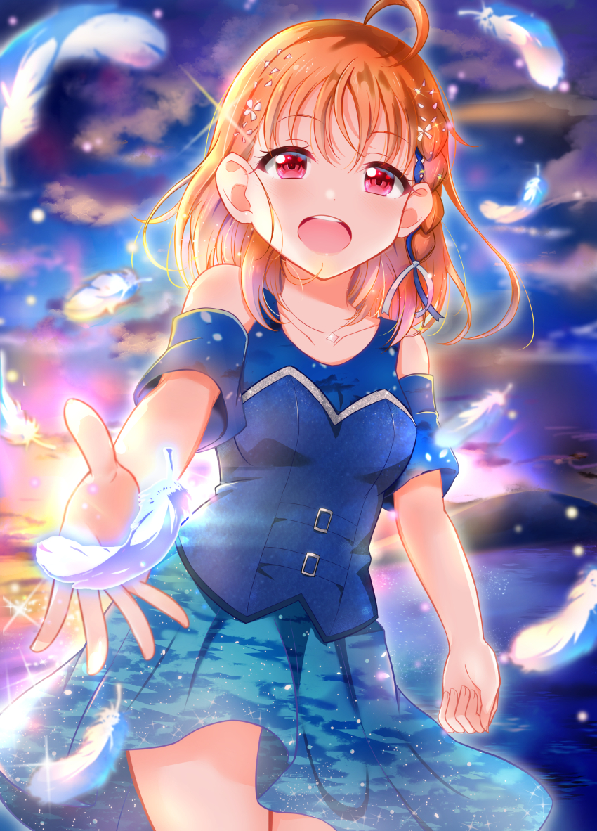 1girl, :d, absurdres, ahoge, blue_bustier, blue_shirt, blue_skirt, blue_sleeves