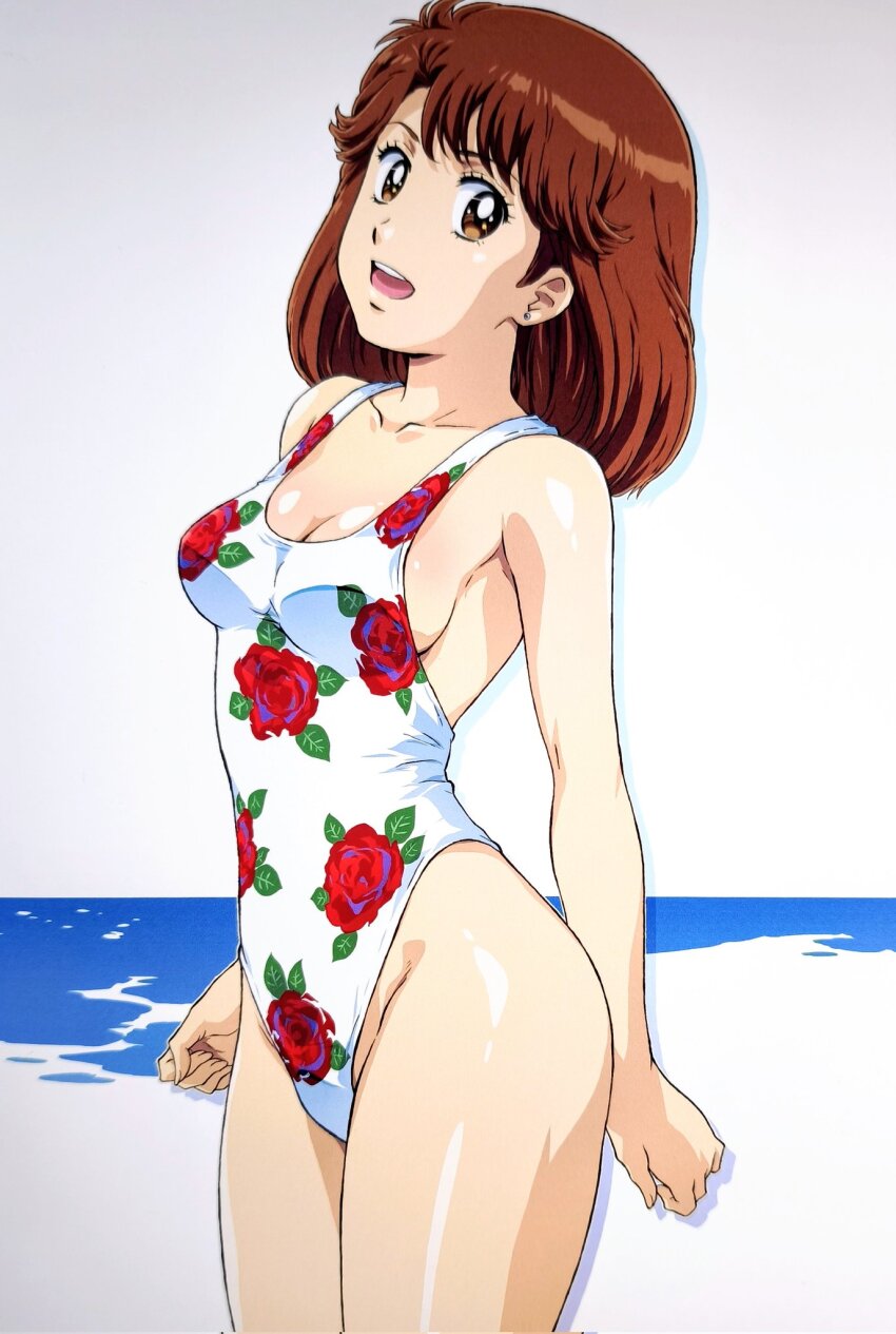 1girl, bikini, breasts, brown_eyes, brown_hair, cleavage, commentary_request, floral_print, highleg, highleg_one-piece_swimsuit, highres, horizon, kurita_yuuko, looking_at_viewer, medium_breasts, oishinbo, one-piece_swimsuit, open_mouth, short_hair, smash_k-tarou, solo, swimsuit, upper_body, white_bikini