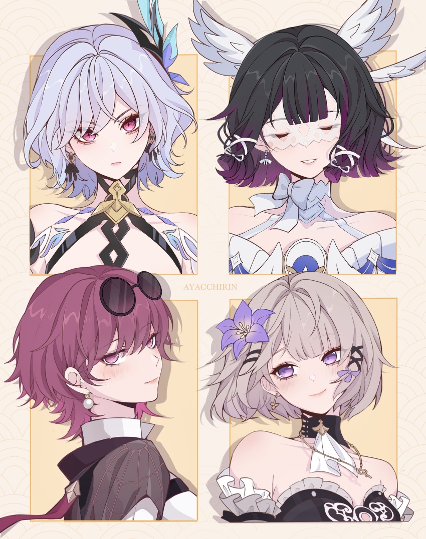 4girls, absurdres, alternate_hair_length, alternate_hairstyle, ascot, ayacchirin, bare_shoulders, black_choker