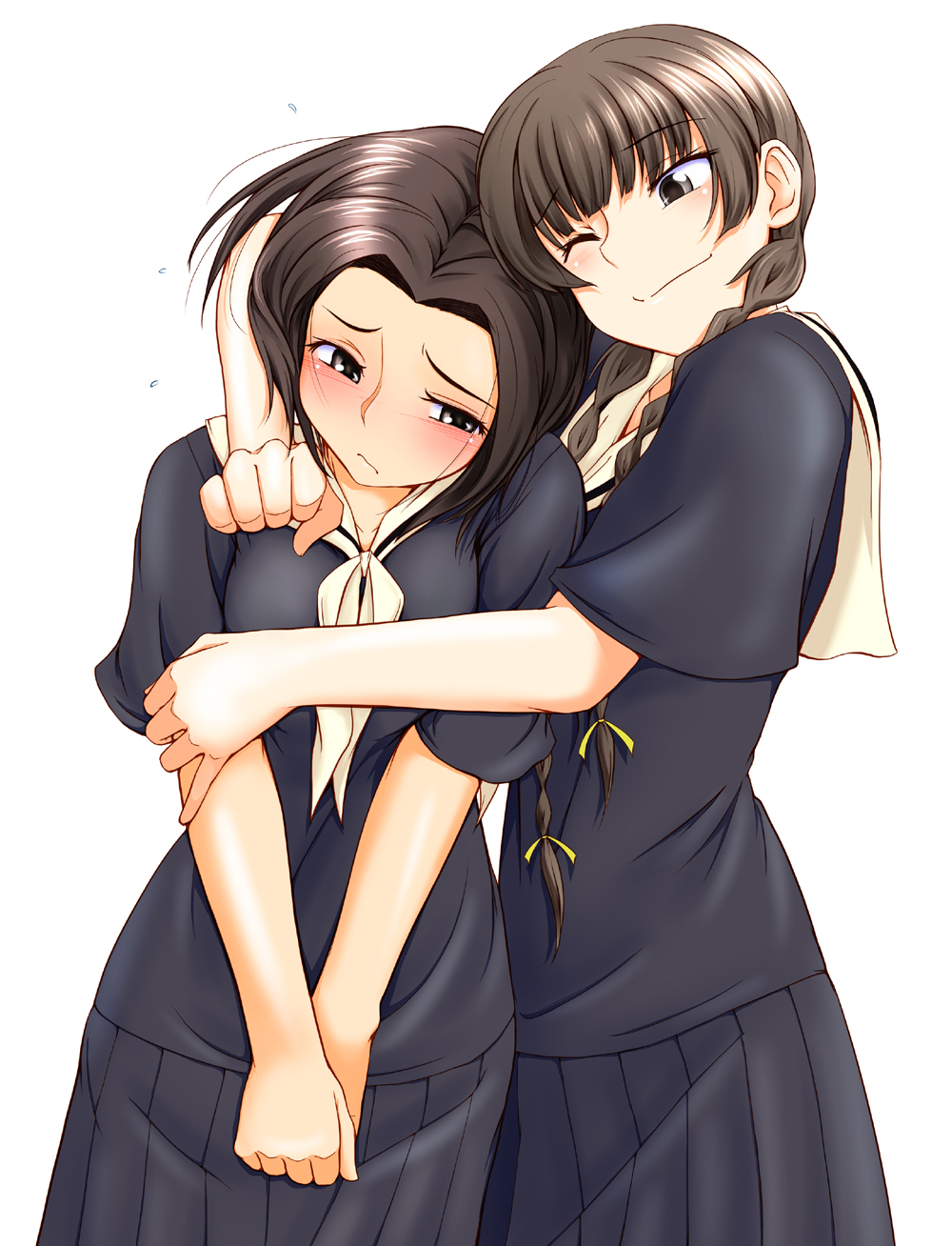 00s, 2girls, arima_nana, blush, braid, brown_eyes, brown_hair, highres