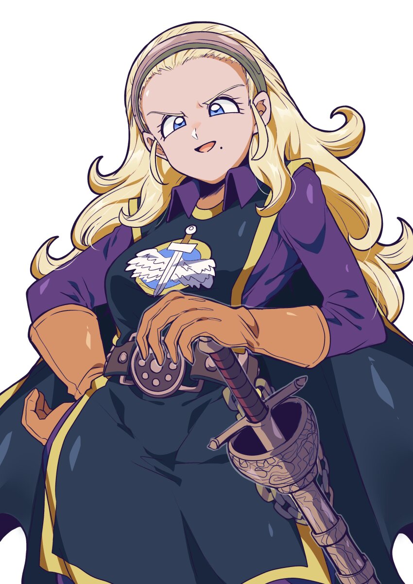 1girl, absurdres, anlucea, anlucea_the_maluminary, belt, black_tabard, blonde_hair, blue_eyes