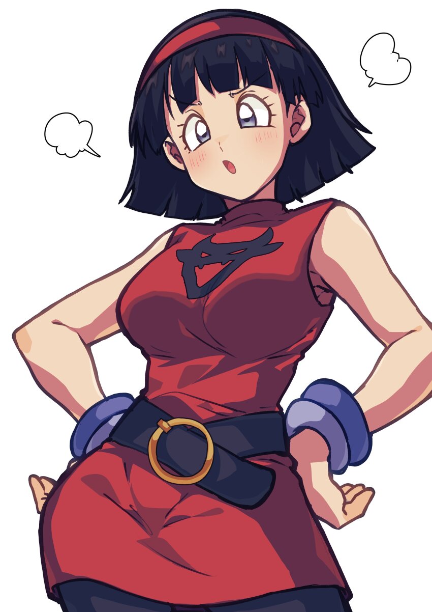 1girl, absurdres, belt, black_belt, black_hair, black_leggings, blue_eyes, blunt_bangs, blunt_ends, bob_cut, bracelet, breasts, commentary_request, cowboy_shot, dragon_ball, dragon_ball_super, dress, hairband, hands_on_own_hips, highres, jewelry, large_breasts, leggings, looking_down, open_mouth, otyumamii, puff_of_air, red_dress, red_hairband, short_hair, sleeveless, sleeveless_dress, solo, turtleneck, turtleneck_dress, videl, white_background