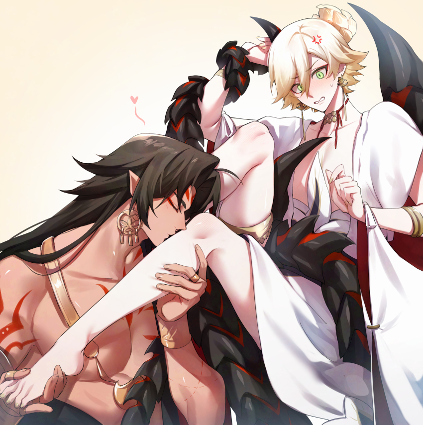 2boys, absurdres, adam's_apple, anger_vein, arm_strap, asura_(onmyoji), barefoot, blonde_hair