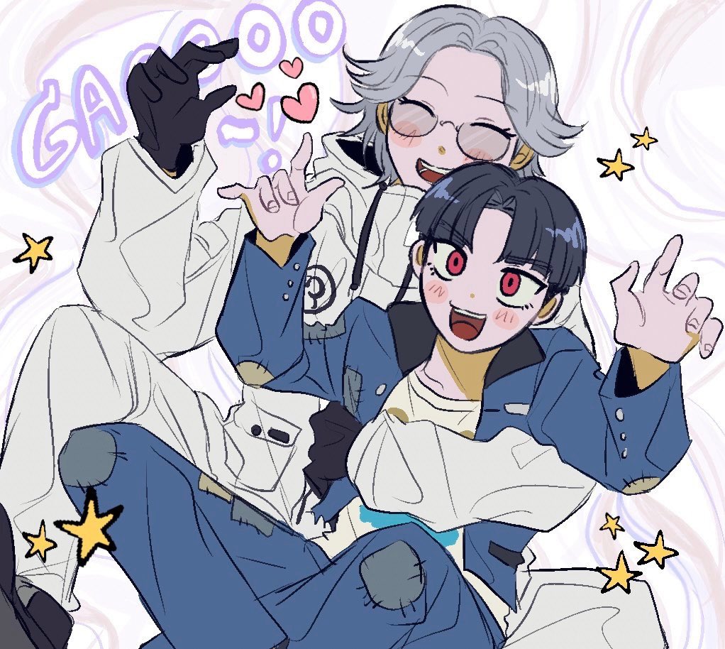 2boys, :d, ^_^, aotsuki_eito, black_gloves, black_hair, blue_jacket, blue_pants