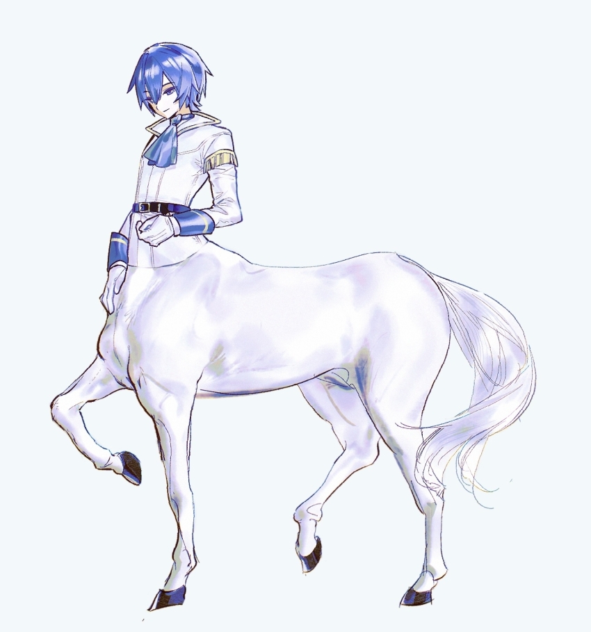 1boy, ascot, belt, beret_cj, black_belt, blue_ascot, blue_eyes, blue_hair, blue_wrist_cuffs, centaur, closed_mouth, full_body, gloves, high-waist_belt, highres, jacket, kaito_(prince_blanc)_(vocaloid), kaito_(vocaloid), male_focus, monsterification, project_diva_(series), short_hair, simple_background, smile, solo, taur, vocaloid, white_background, white_fur, white_gloves, white_jacket, wrist_cuffs
