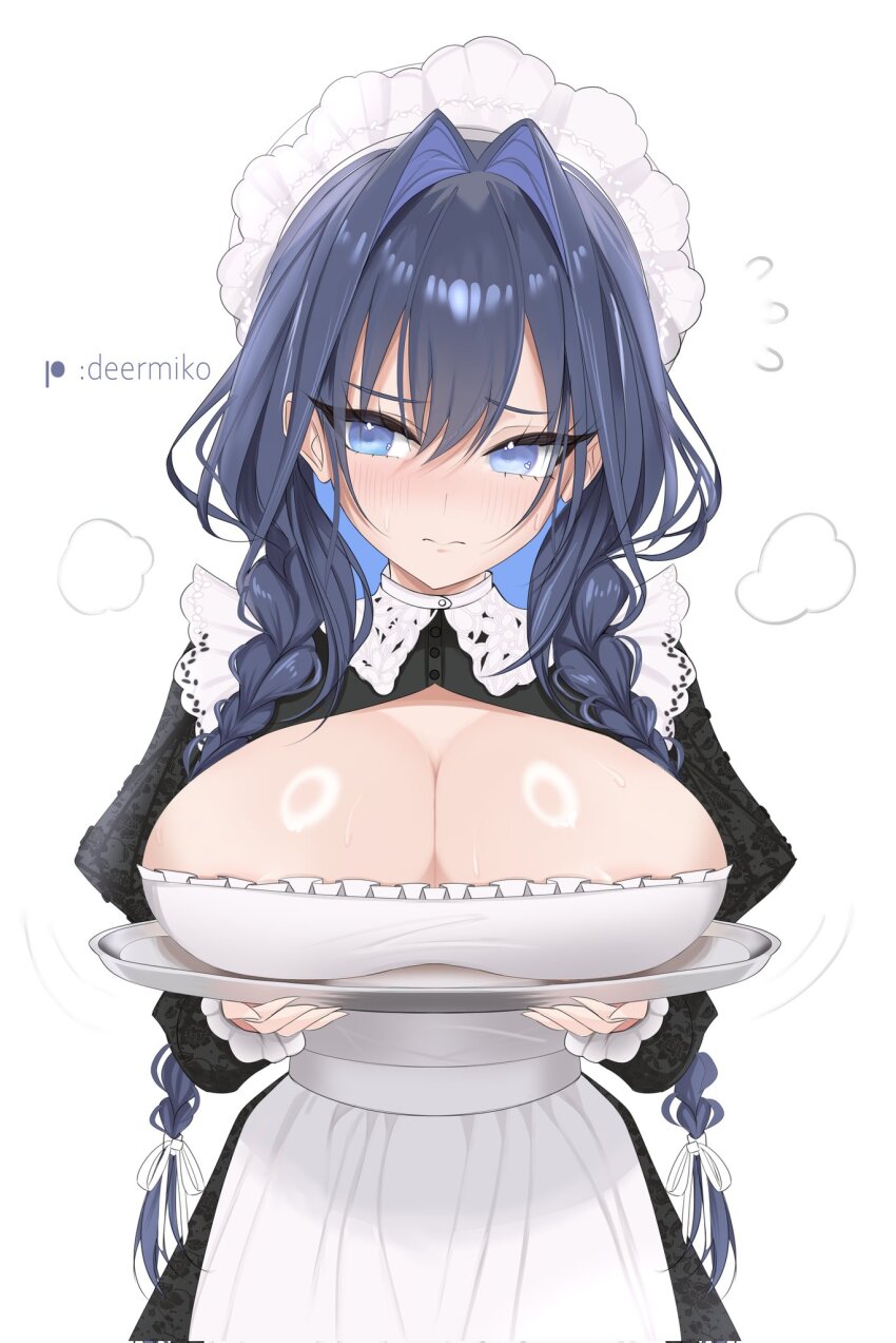 1girl, apron, averting_eyes, black_dress, blue_eyes, blue_hair, braid, breasts