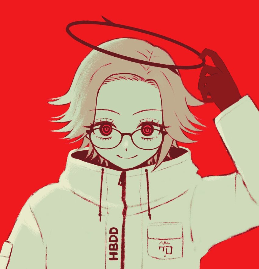 1boy, adjusting_halo, aotsuki_eito, black_gloves, black_halo, black_sclera, breast_pocket, colored_sclera