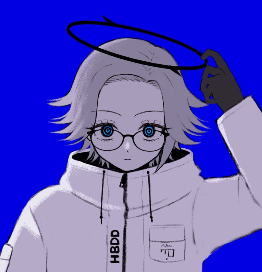 1boy, adjusting_halo, aotsuki_eito, black_gloves, black_halo, black_sclera, blue_background, blue_eyes