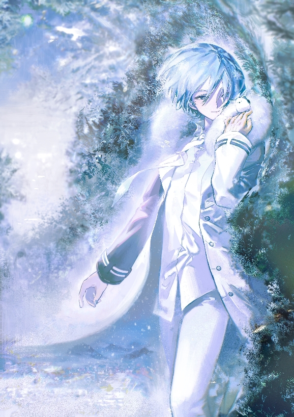 1boy, beret_cj, bird, bird_on_hand, blue_eyes, blue_hair, blue_nails, coat