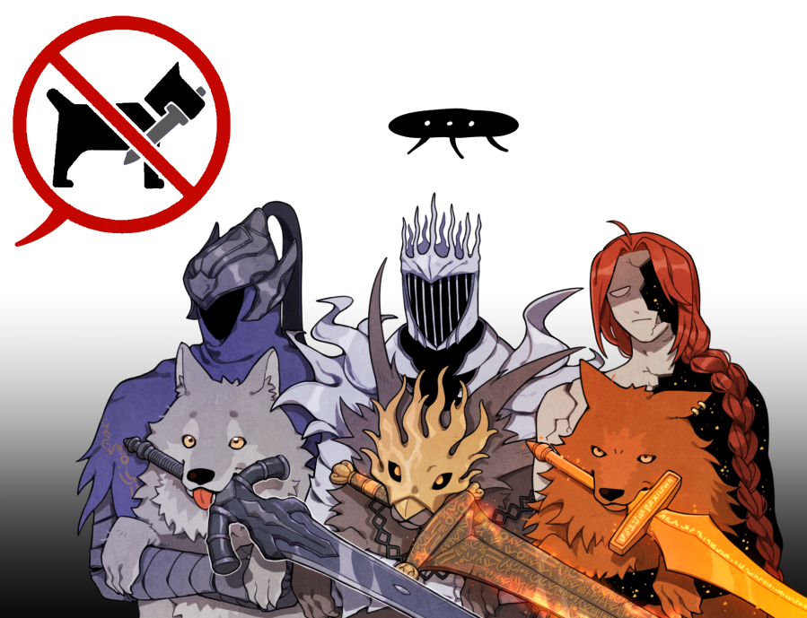 3boys, animal, artorias_the_abysswalker, blue_hood, closed_mouth, cracked_skin, dog, donar0217