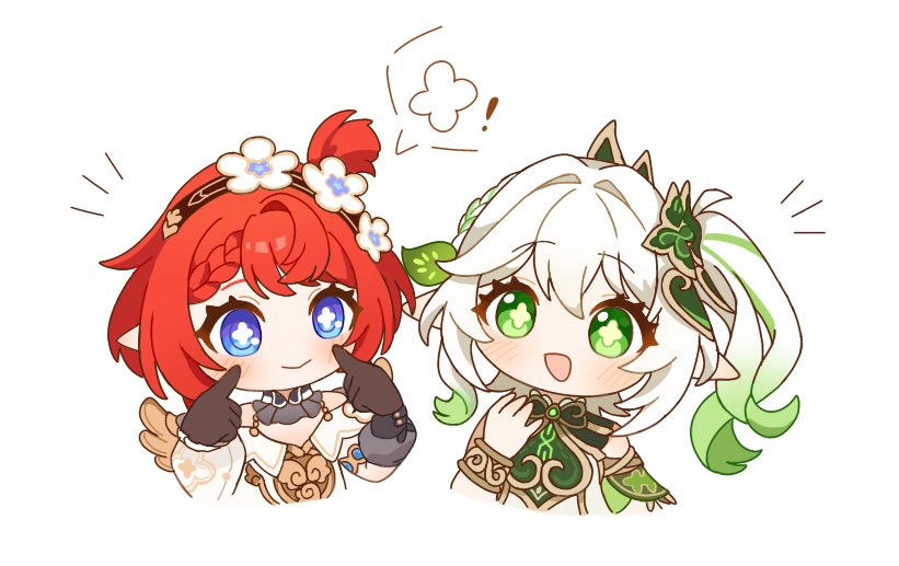 2girls, black_gloves, blue_eyes, blush, bracelet, closed_mouth, commentary_request, cropped_torso, cross-shaped_pupils, flower, genshin_impact, gloves, gold_trim, gradient_hair, green_eyes, green_hair, hair_between_eyes, hair_flower, hair_ornament, hands_up, honkai:_star_rail, honkai_(series), jewelry, kurumi_dangoo, leaf_hair_ornament, long_hair, mihoyo, multicolored_hair, multiple_girls, nahida_(genshin_impact), open_mouth, pointing, pointing_at_self, pointy_ears, red_hair, side_ponytail, simple_background, sleeveless, smile, symbol-shaped_pupils, tribbie_(honkai:_star_rail), white_background, white_flower, white_hair