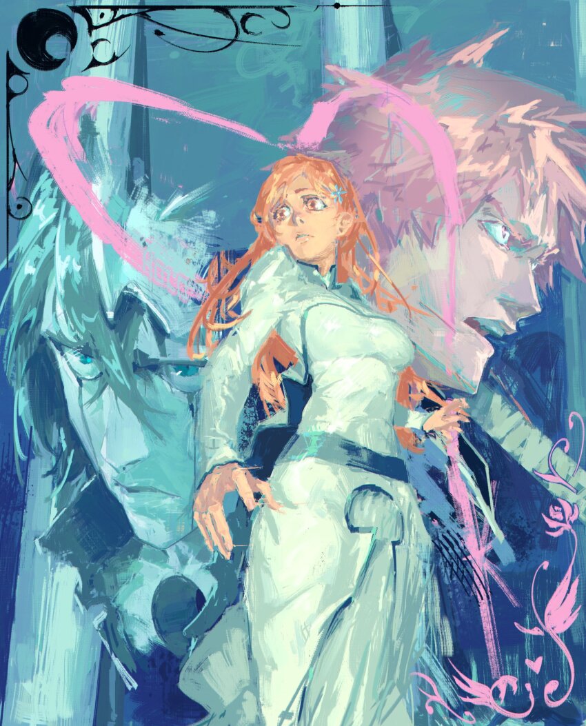 1girl, 2boys, black_hair, bleach, broken_helmet, brush_stroke, closed_mouth, colored_skin, commentary, commentary_request, crossed_bangs, dress, english_commentary, espada, facial_mark, faux_traditional_media, green_eyes, hair_between_eyes, hair_ornament, highres, hole_in_chest, hole_on_body, holo303, inoue_orihime, kurosaki_ichigo, long_hair, long_sleeves, looking_ahead, looking_to_the_side, multiple_boys, open_mouth, orange_eyes, orange_hair, painterly, projected_inset, serious, short_hair, turning_head, ulquiorra_cifer, white_dress, white_skin, worried