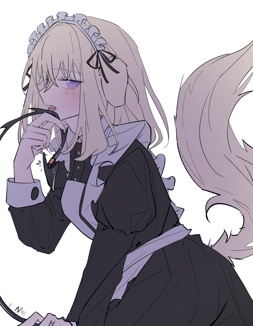 2girls, absurdres, animal_ears, apron, arknights, bang_dream!, bang_dream!_it's_mygo!!!!!, black_dress, black_ribbon, blonde_hair, chinese_commentary, collared_dress, commentary_request, cowboy_shot, dog_ears, dog_girl, dog_tail, dress, fang, frilled_apron, frills, hair_ribbon, hand_up, highres, holding_another's_tail, juliet_sleeves, kemonomimi_mode, kira_reader, licking, licking_another's_tail, long_sleeves, looking_at_viewer, maid, maid_headdress, medium_hair, misumi_uika, misumi_uika_(caged_singer), misumi_uika_(perro), multiple_girls, open_mouth, out_of_frame, puffy_sleeves, purple_eyes, ribbon, simple_background, solo_focus, tail, togawa_sakiko, togawa_sakiko_(master_of_melodia), tongue, tongue_out, white_apron, white_background, yuri