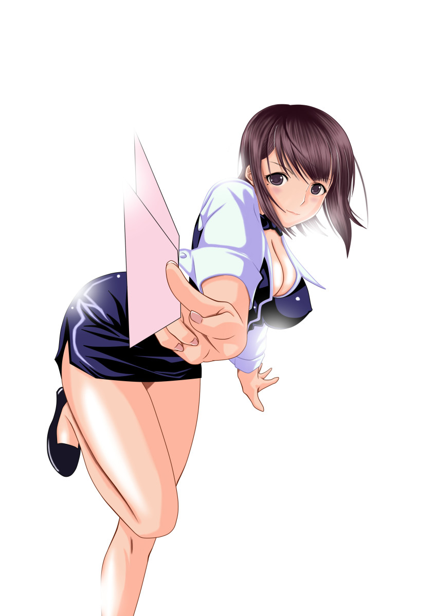 1girl, absurdres, anegasaki_nene, blush, breasts, brown_hair, card, cleavage