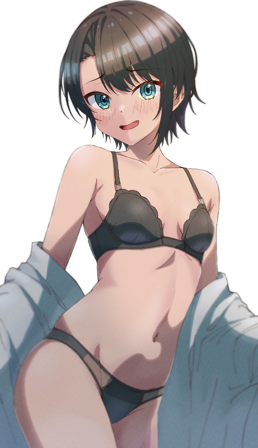 1girl, absurdres, aqua_eyes, black_bra, black_hair, black_panties, blush, bra