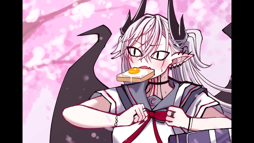 1girl, bag, bat_wings, bread, bread_slice, cosplay, demon_horns, earrings, egg, fate/grand_order, fate_(series), food, food_in_mouth, highres, horns, jewelry, larva_tiamat_(fate), larva_tiamat_(fate)_(cosplay), larva_tiamat_(swimsuit_archer)_(second_ascension)_(fate), lilith_(fate), mcpc_zamurai, mouth_hold, neck_tattoo, parody, sailor_collar, school_bag, school_uniform, single_earring, solo, tattoo, tiamat_(fate), toast, toast_in_mouth, twintails, white_hair, wings