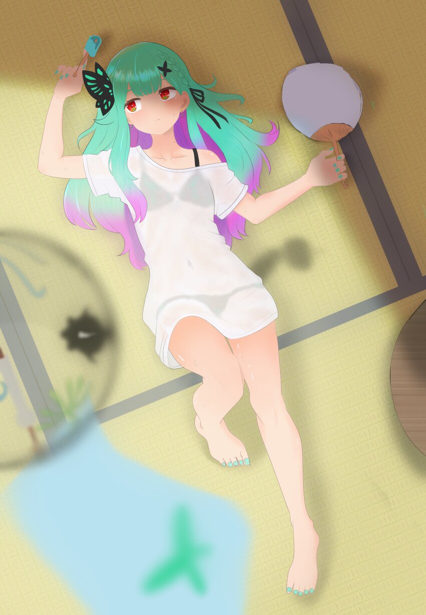 absurdres, barefoot, butterfly_hair_ornament, feet, green_hair, green_nails, hair_ornament, hand_fan, highres, hololive, ice, kuronagirai, lying, multicolored_hair, paper_fan, red_eyes, shirt, tatami, toes, uchiwa, uruha_rushia, virtual_youtuber, white_shirt