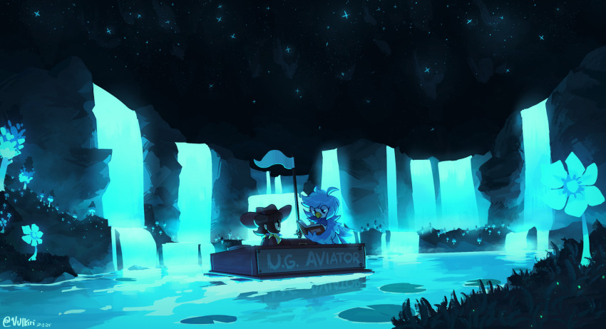 1boy, 1girl, bad_furaffinity_link, bad_link, bandana, beak, bird_girl, blue_flower